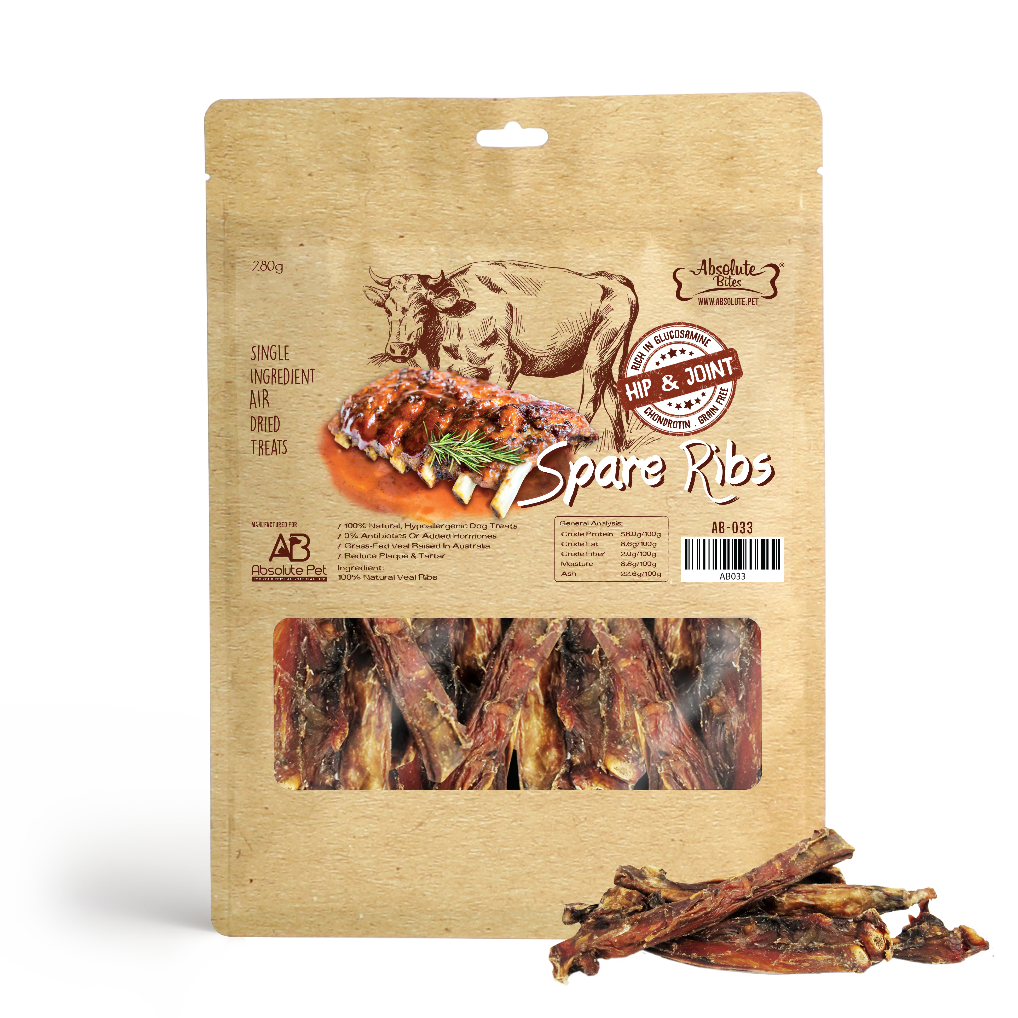 Absolute Bites - 100% Real Veal Spare Ribs for Dogs (2 Sizes)