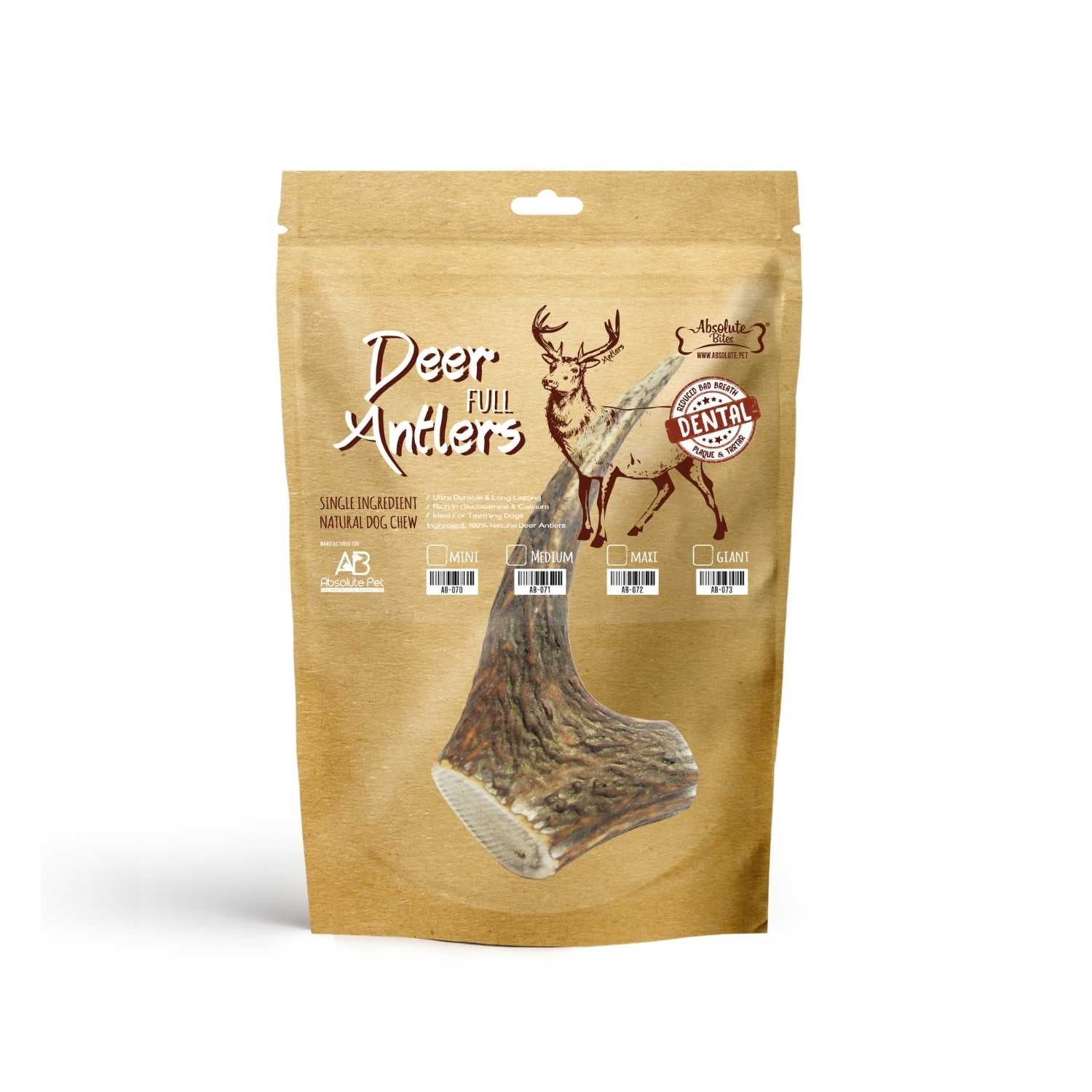 Absolute Bites - Whole Deer Antlers Dental Chew for Dogs (4 Sizes)