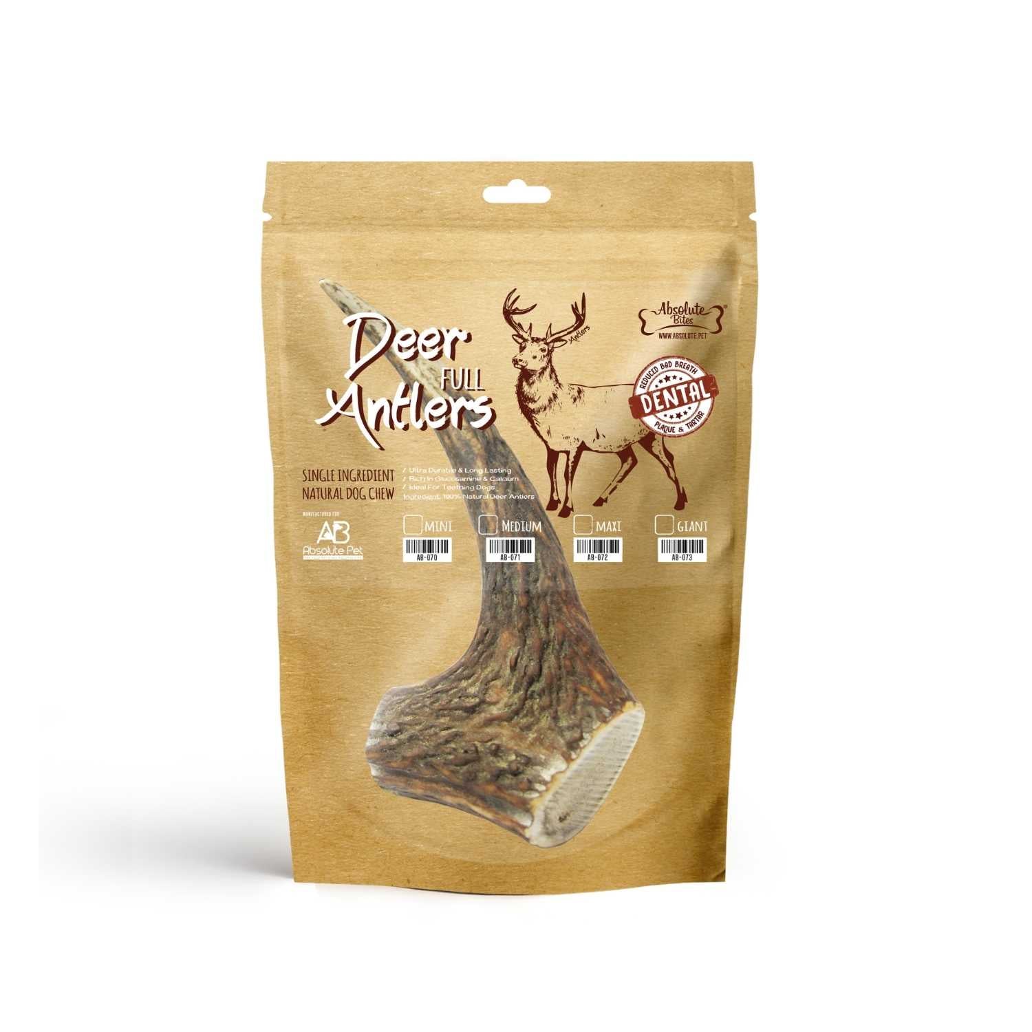 Absolute Bites - Whole Deer Antlers Dental Chew for Dogs (4 Sizes)