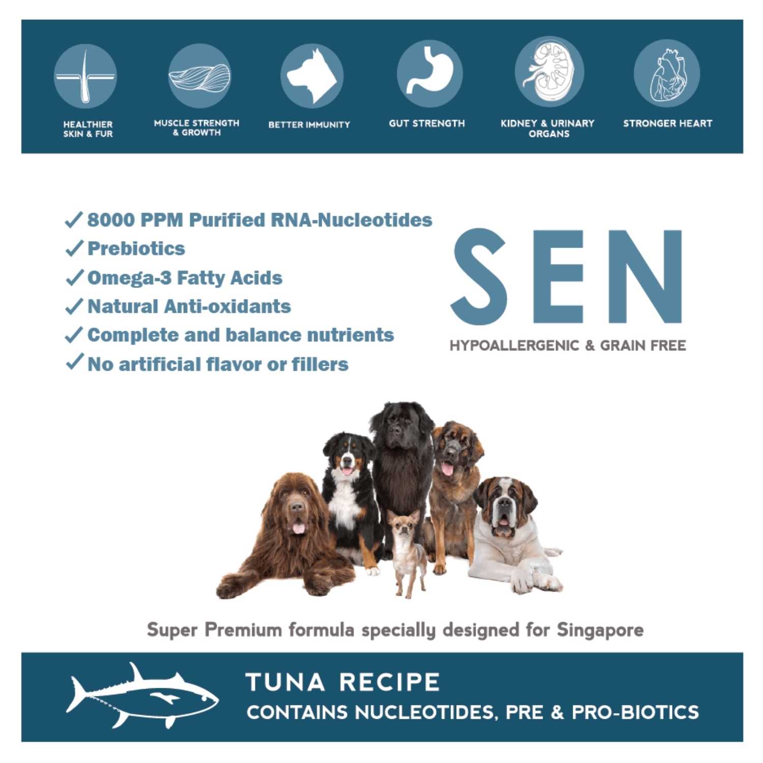 SEN Hypoallergenic & Grain Free Tuna Recipe Dry Dog Food 2KG Info