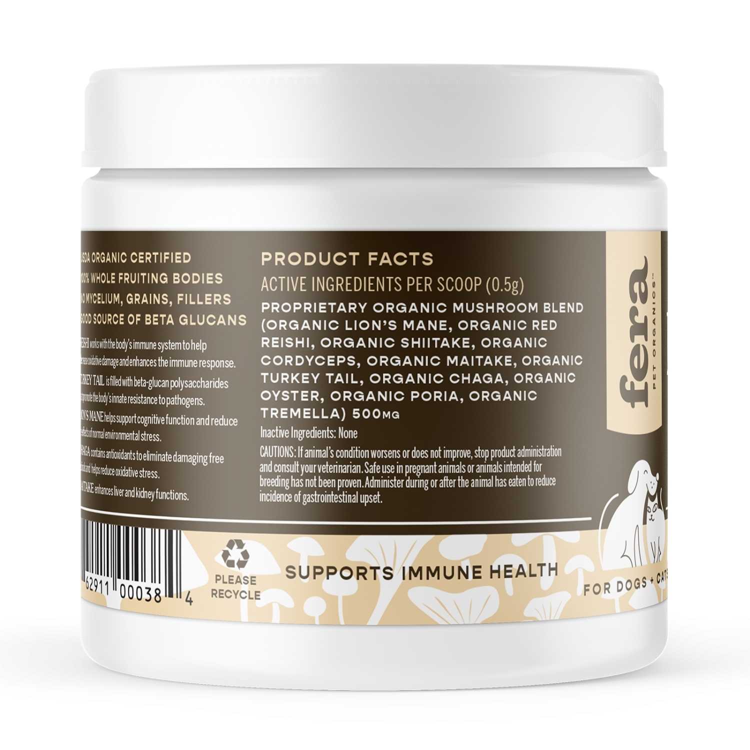 Fera Pet Organics - Organic Mushroom Blend for Immune System (120 servings, powder) - Dog & Cat 2.1oz Supplement